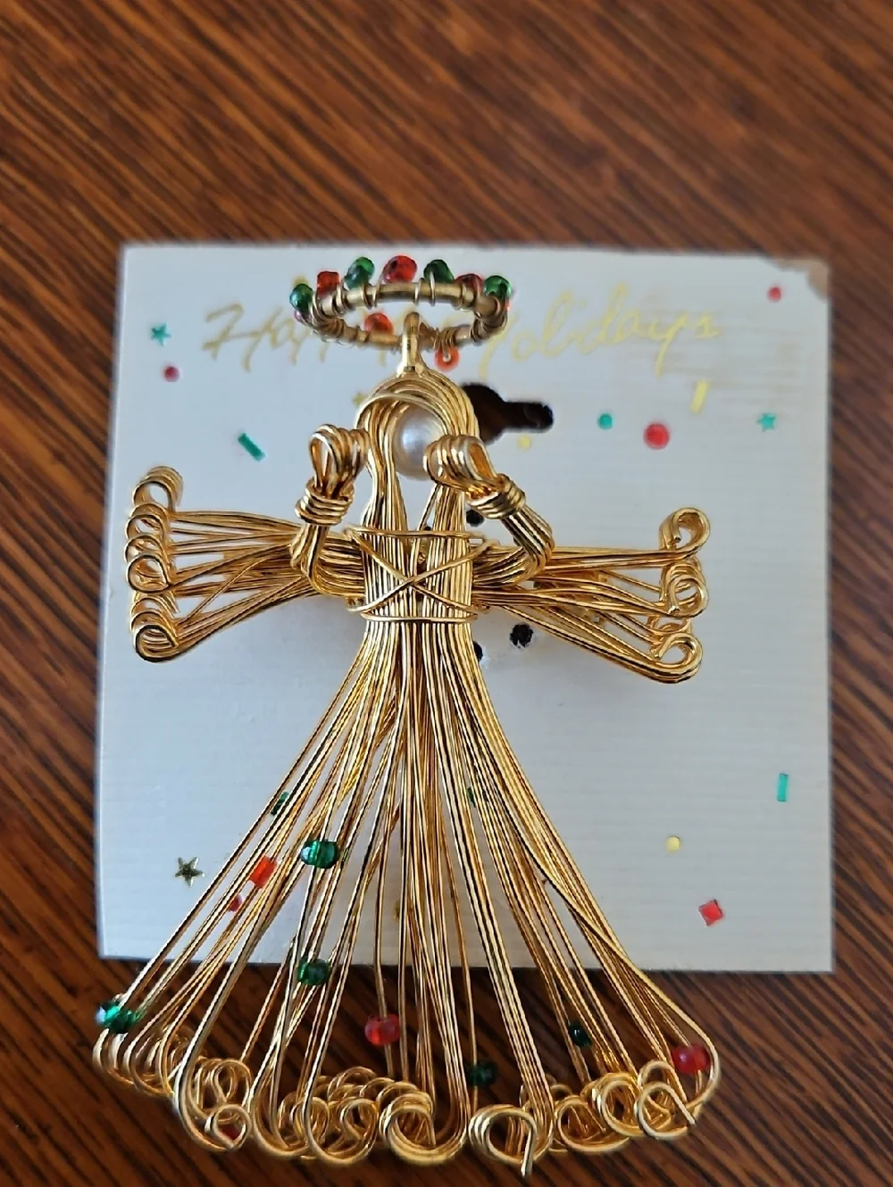 Gold Wire Angel Pendant with Red & Green Beads